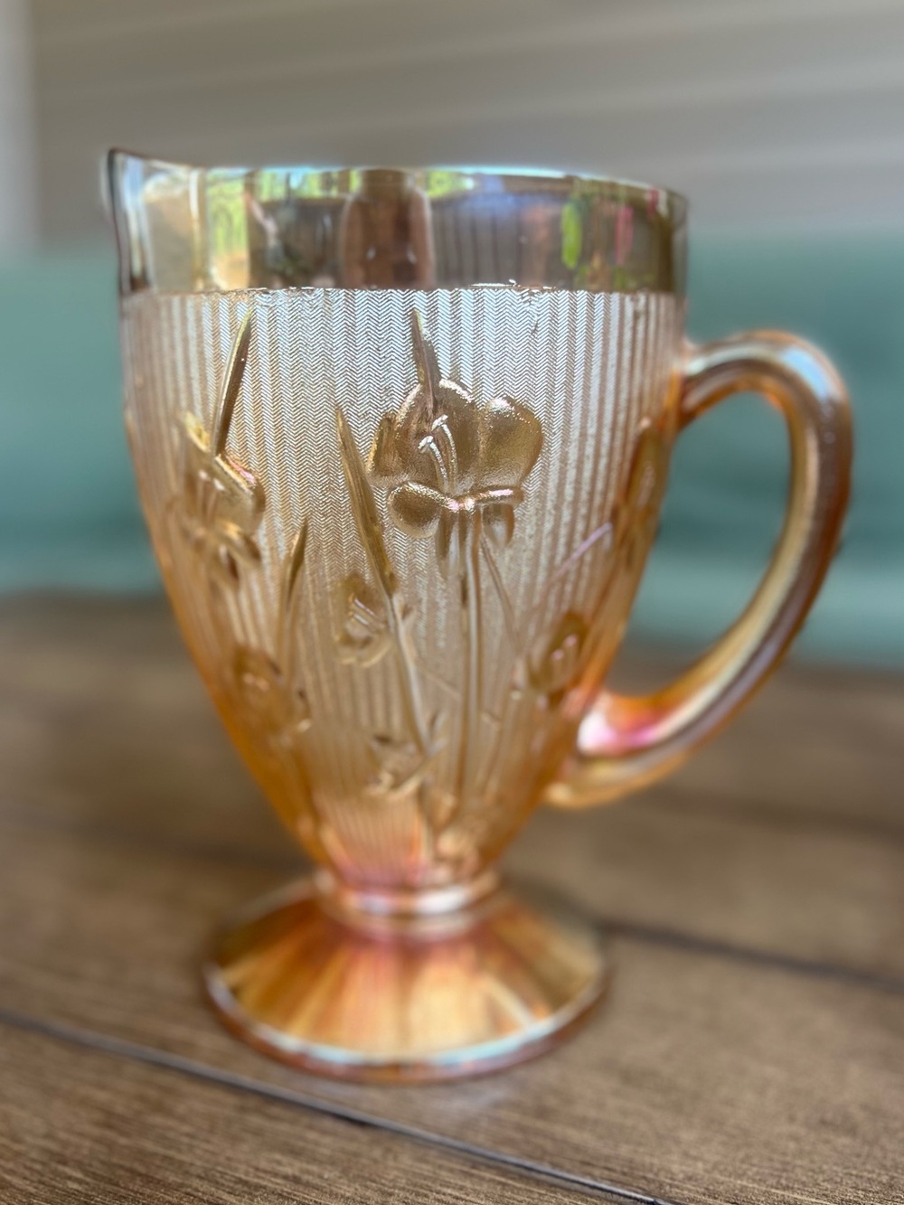 Vintage Marigold Carnival Glass Iris & Herringbone Pitcher